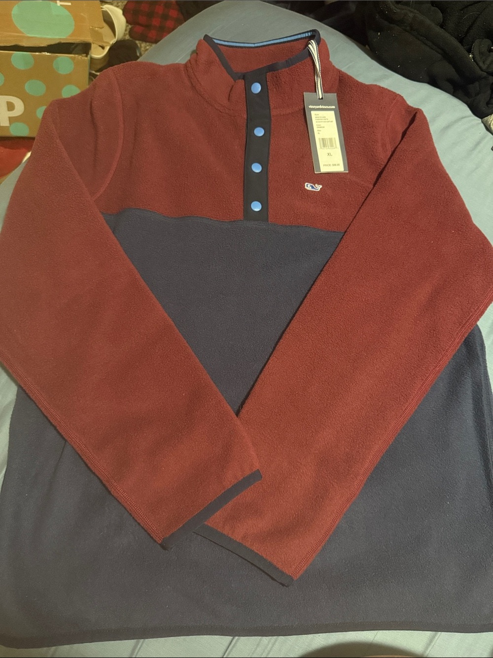 Vineyard Vines Burgundy and Navy Colorblock Zip-Up Fleece